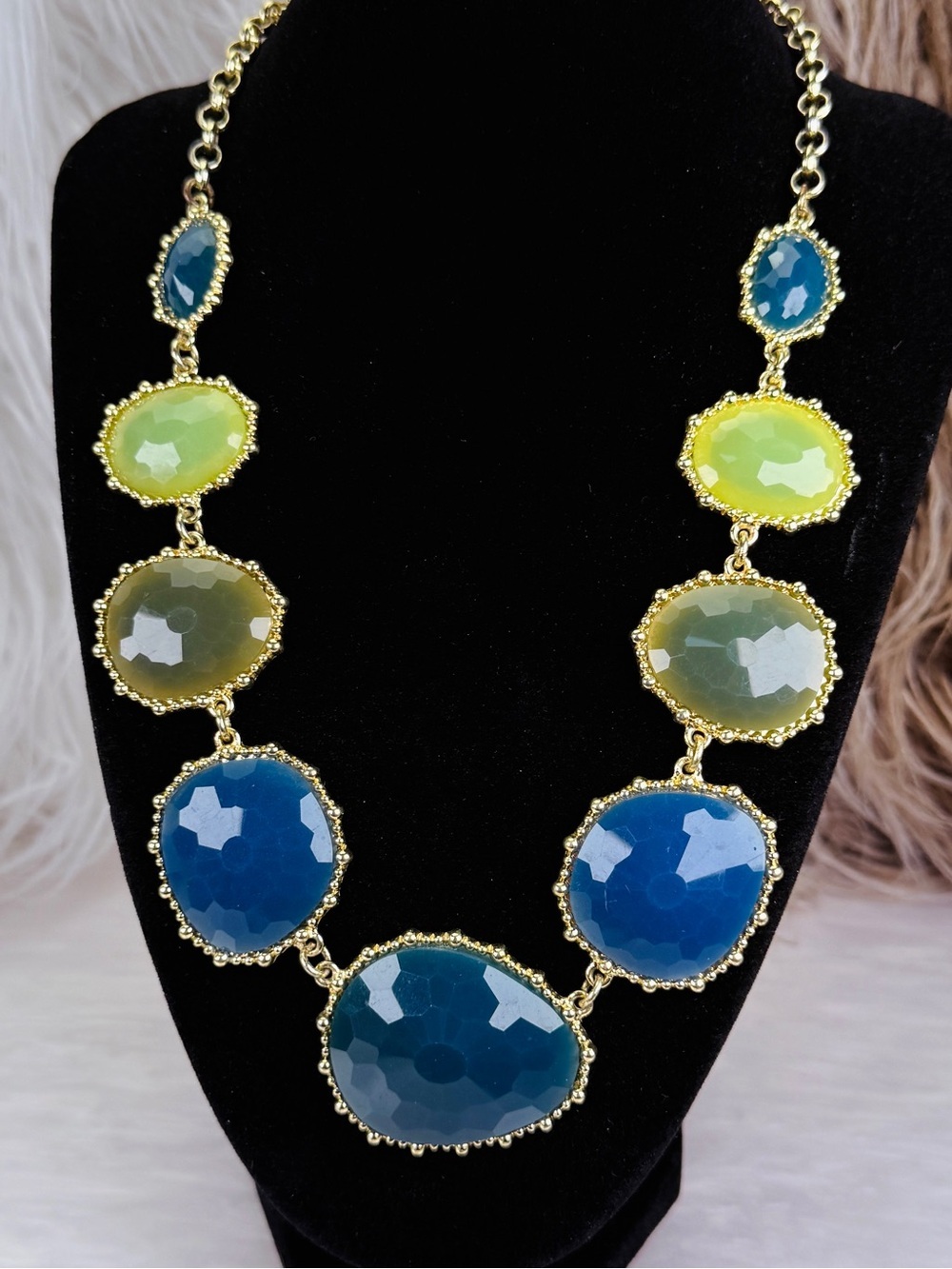Blue & Green Faceted Statement Necklace Gold Tone